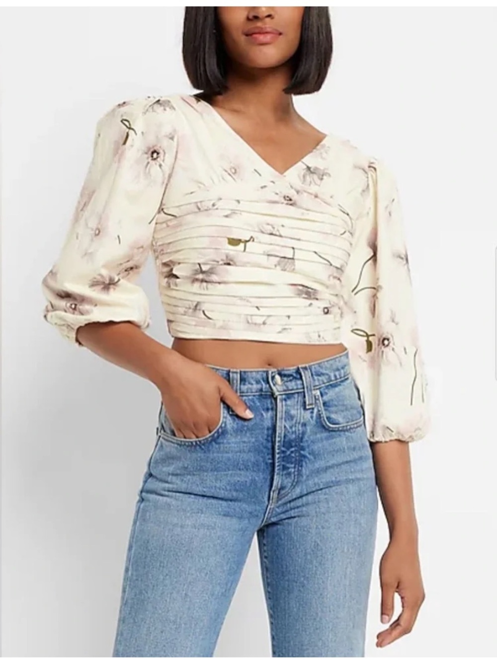 NWT Express Poppies Print Linen-Blend Ruched Cropped Blouse Size Large